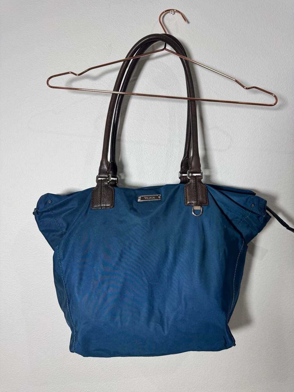 Tumi Blue Nylon and Brown Leather Zippered Tote Bag